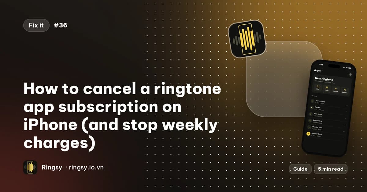 Cover: how to cancel a ringtone app subscription on iPhone, beside Ringsy's home screen