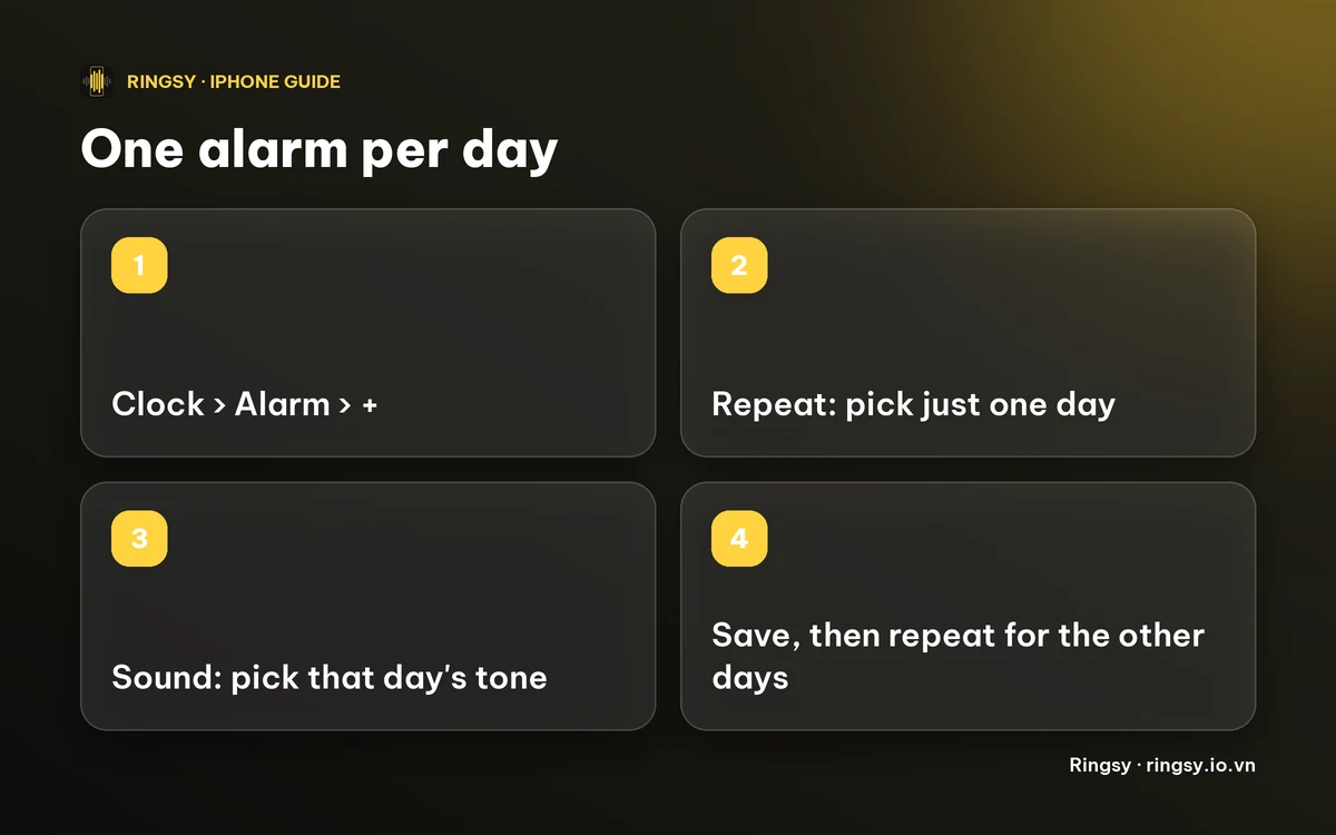 Diagram: Clock, Alarm, +, Repeat one day, Sound, then repeat for the other days