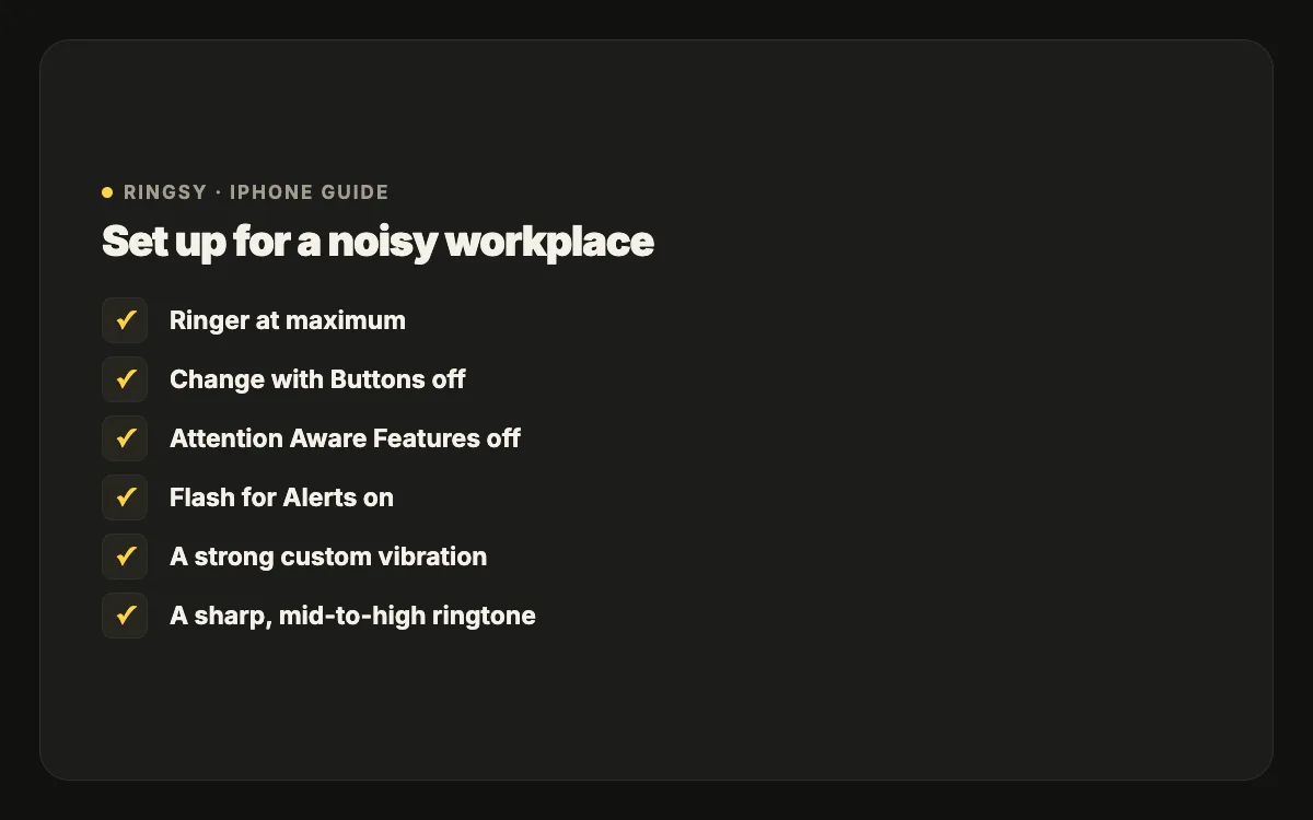 Checklist for noisy workplaces: ringer at maximum, Change with Buttons off, Attention Aware off, Flash for Alerts on, a strong custom vibration, and a sharp ringtone
