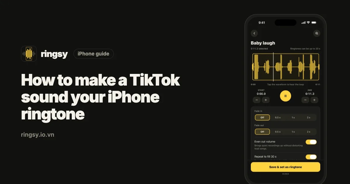 Cover: how to make a TikTok sound your iPhone ringtone, beside Ringsy's editor showing a video's sound on a waveform