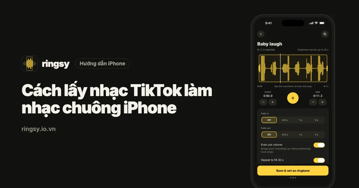 Ảnh bìa: cách lấy nhạc TikTok làm nhạc chuông iPhone, cạnh trình chỉnh sửa của Ringsy hiển thị âm thanh video trên dạng sóng