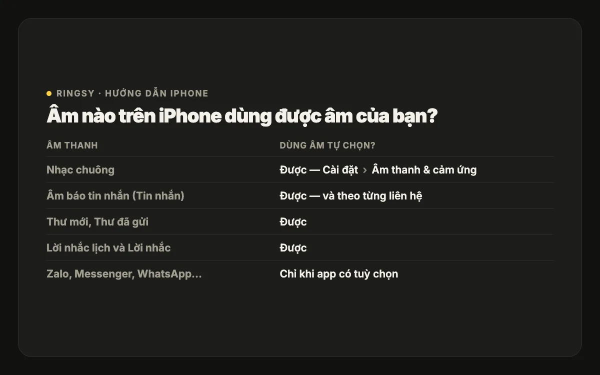 Bảng: nhạc chuông, âm báo tin nhắn, thư, lịch và lời nhắc dùng được âm tự chọn trong Cài đặt; app bên thứ ba chỉ khi app có tuỳ chọn âm thanh riêng
