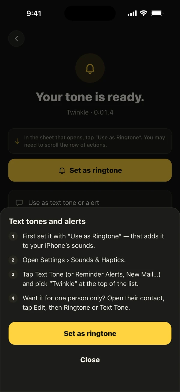 Ringsy’s Alert tones guide, with the steps for setting a tone in Settings › Sounds & Haptics