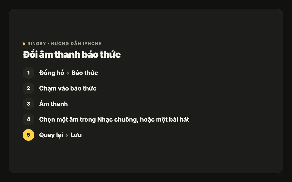 Sơ đồ: Đồng hồ, Báo thức, chạm một báo thức, Âm thanh, rồi chọn một âm trong mục Nhạc chuông hoặc một bài hát