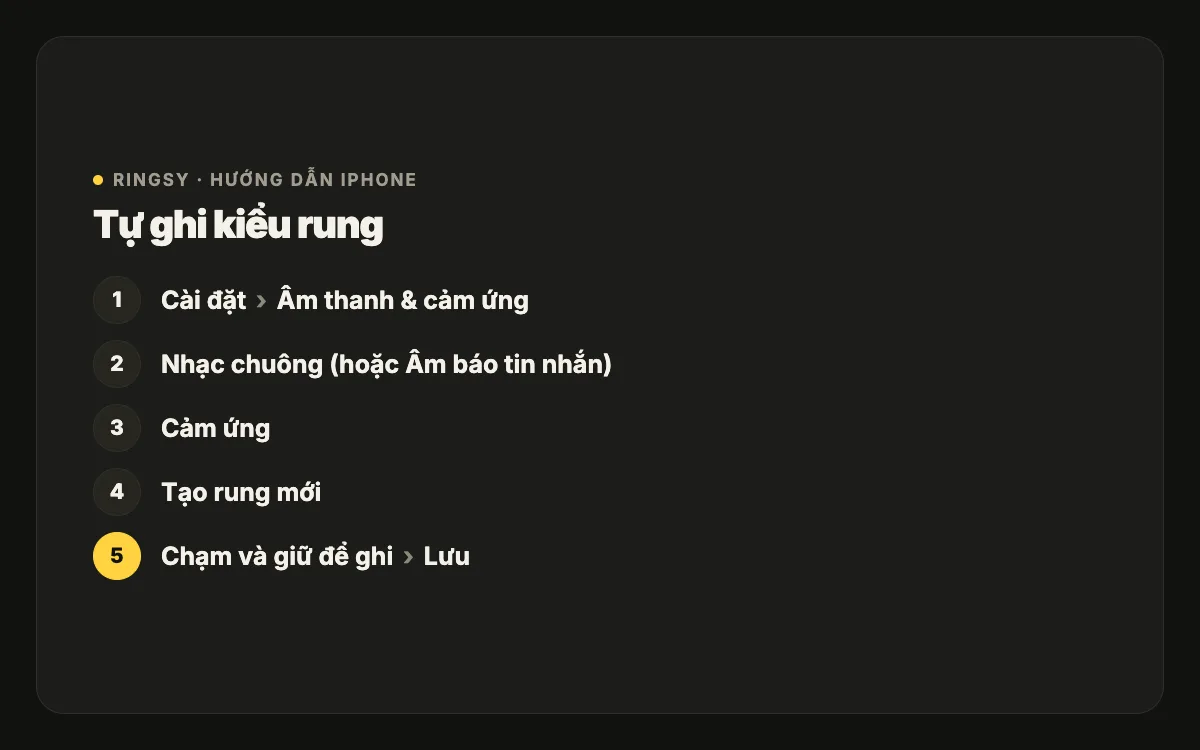 Sơ đồ: Cài đặt, Âm thanh & cảm ứng, Nhạc chuông, Cảm ứng, Tạo rung mới, rồi chạm và giữ để ghi