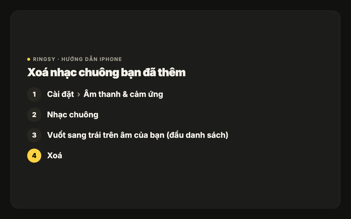 Sơ đồ: Cài đặt, Âm thanh & cảm ứng, Nhạc chuông, vuốt sang trái trên âm tự thêm, chạm Xoá