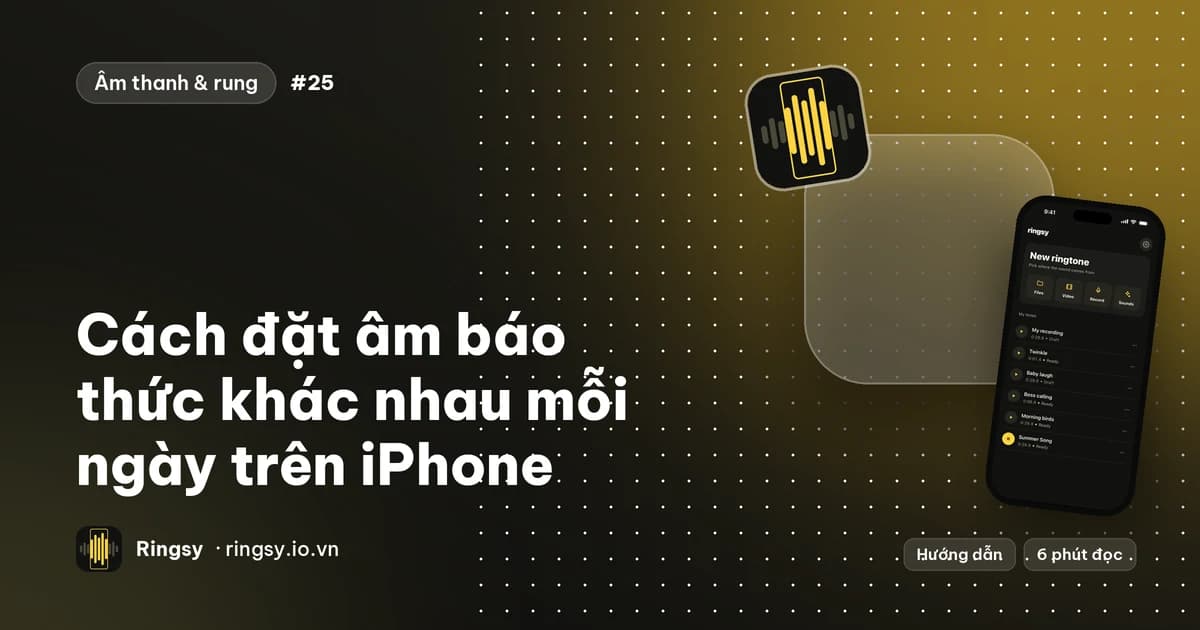 Ảnh bìa: cách đặt âm báo thức khác nhau mỗi ngày trên iPhone, cạnh thư viện âm của Ringsy