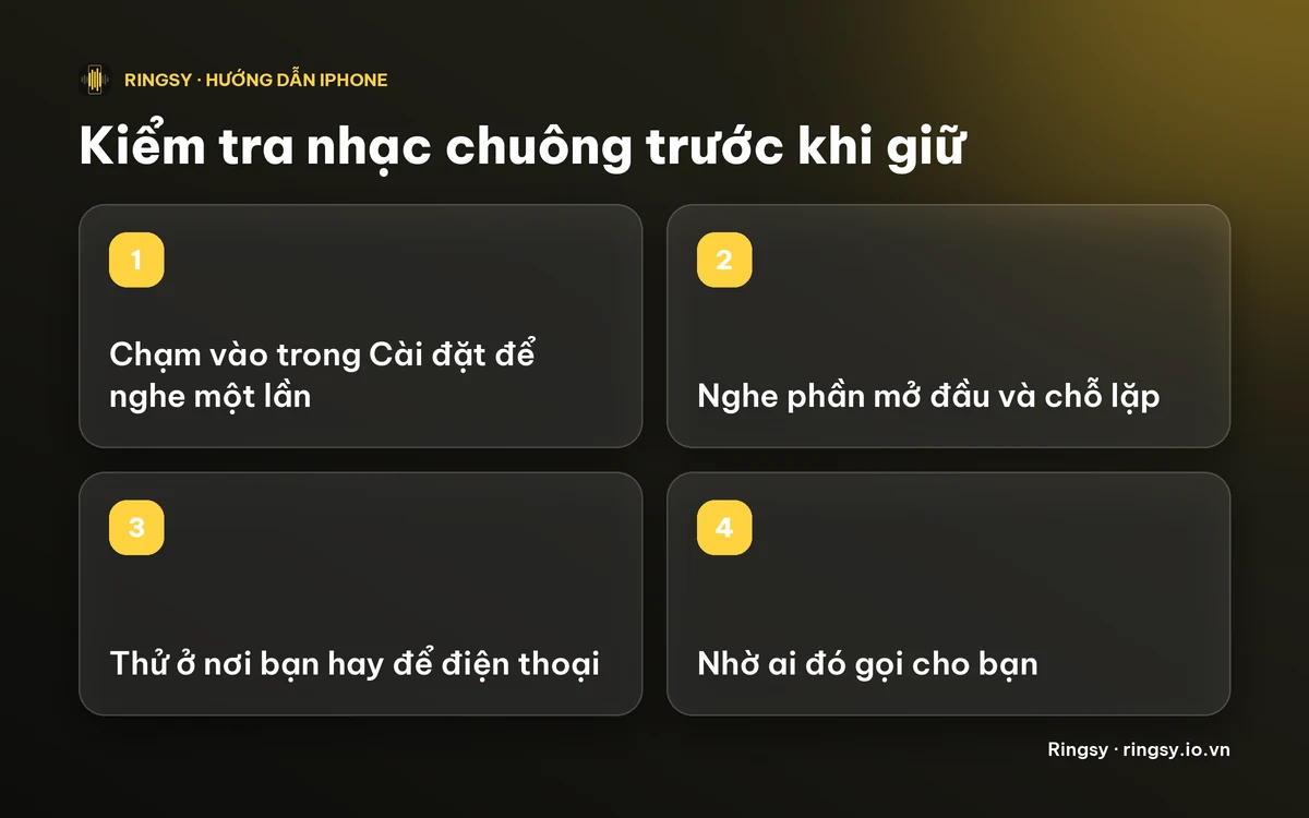 Sơ đồ: nghe thử trong Cài đặt, nghe chỗ lặp, kiểm tra ở khoảng cách quen thuộc, rồi nhờ ai đó gọi
