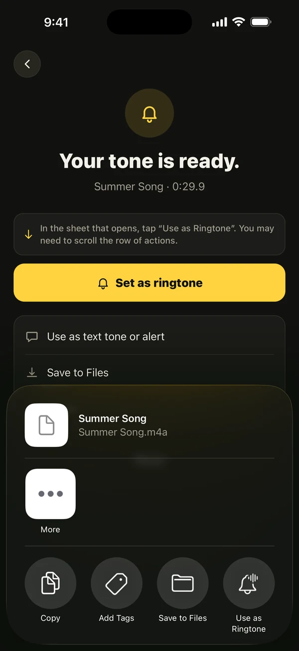 Bước xuất của Ringsy (giao diện tiếng Anh): bảng chia sẻ mở ra với Use as Ringtone, tác vụ hệ thống thêm âm vào danh sách nhạc chuông của máy