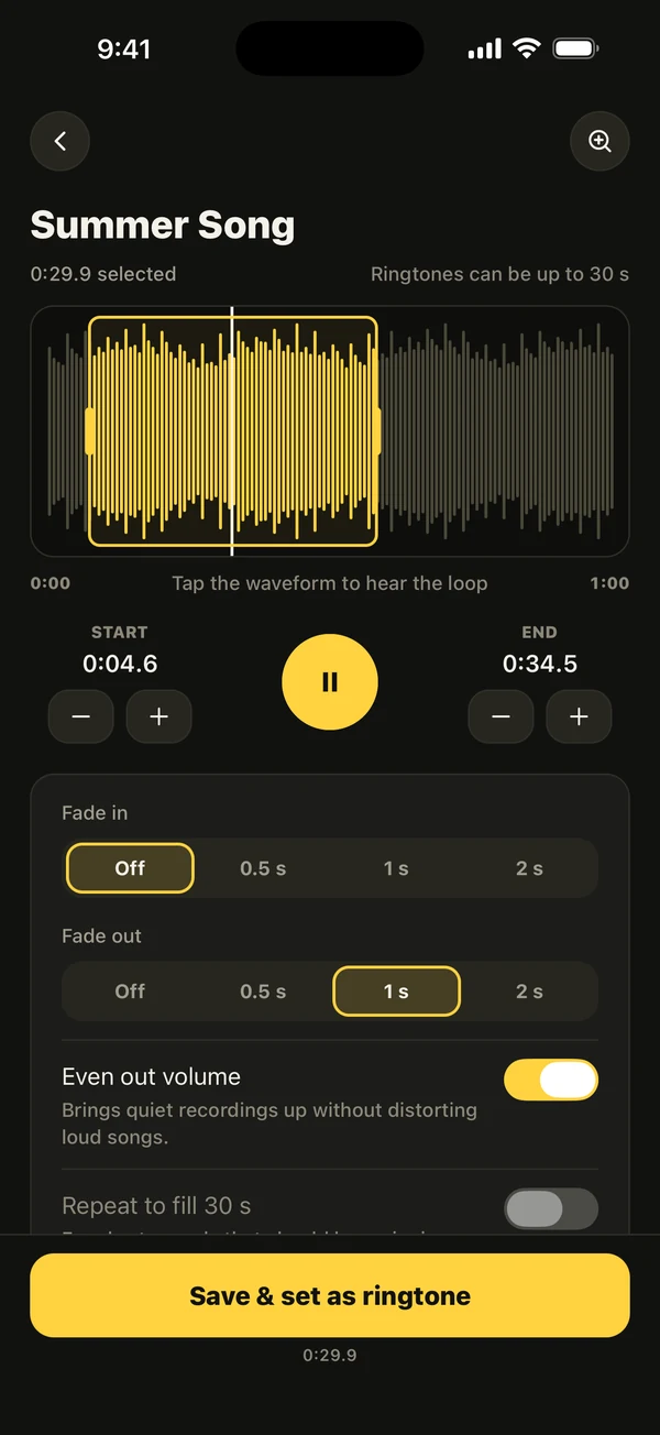 Ringsy's editor (English interface) with a selection on the waveform, the start and end controls and the Save & set as ringtone button