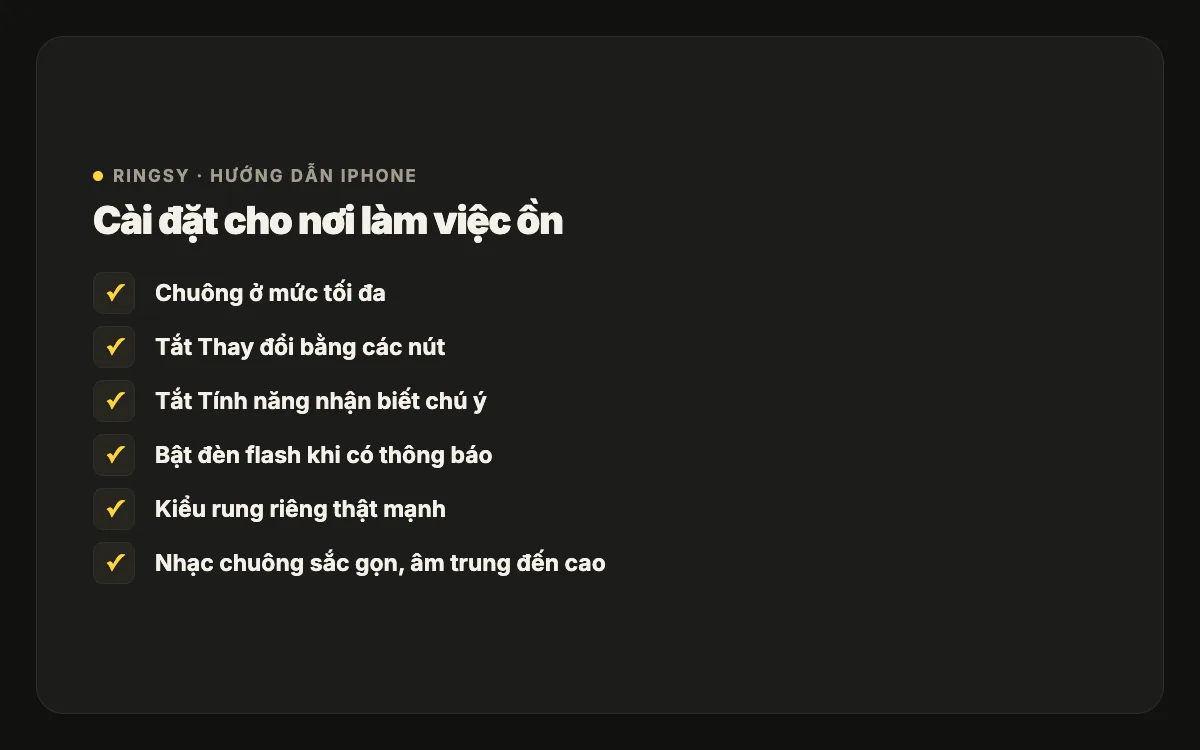 Danh sách cho nơi làm việc ồn: chuông tối đa, tắt Thay đổi bằng các nút, tắt Tính năng nhận biết chú ý, bật đèn flash khi có thông báo, kiểu rung riêng mạnh và nhạc chuông sắc gọn