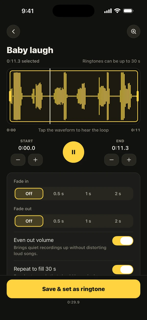Ringsy’s editor with a video’s sound on the waveform, an 11.3-second selection and Repeat to fill 30 s turned on